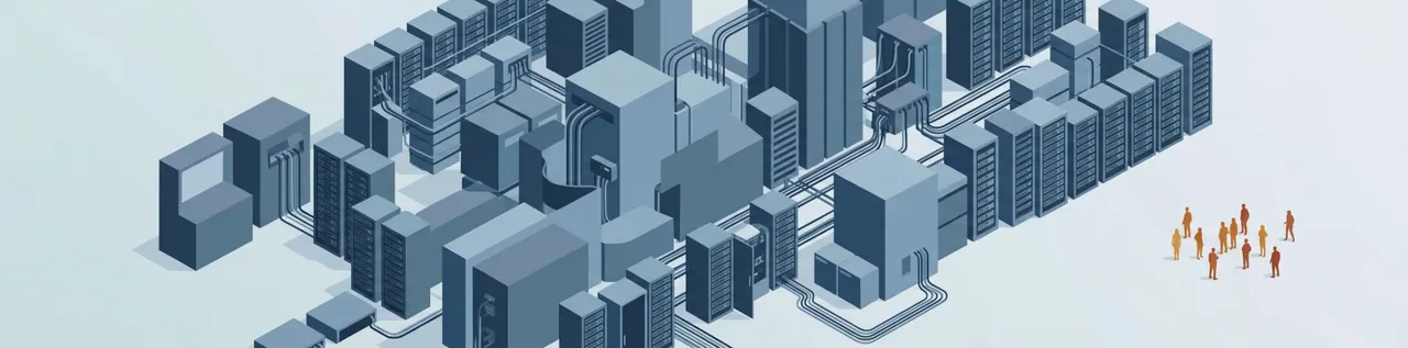 Abstract illustration of a large cool-toned infrastructure structure dwarfing a small warm-toned group of human figures, representing the disproportionate split of AI investment between technology and people