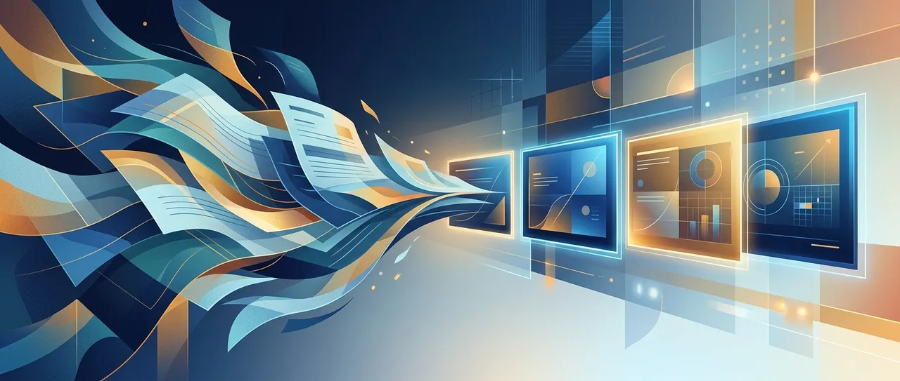 Abstract illustration of document pages transforming into presentation slides