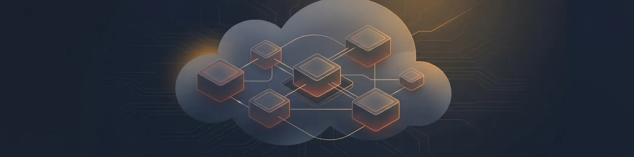 Abstract illustration of cloud infrastructure and autonomous AI agents represented as interconnected containers floating in a navy and amber ethereal space