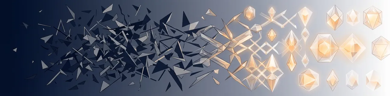 Abstract illustration showing chaotic fragments transitioning to organised crystalline structures, representing signal emerging from noise in AI-era marketing