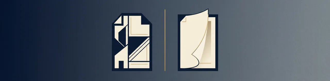 Two abstract document silhouettes facing each other across a thin gold dividing line, representing the difference between OpenAI's model spec and Anthropic's constitution