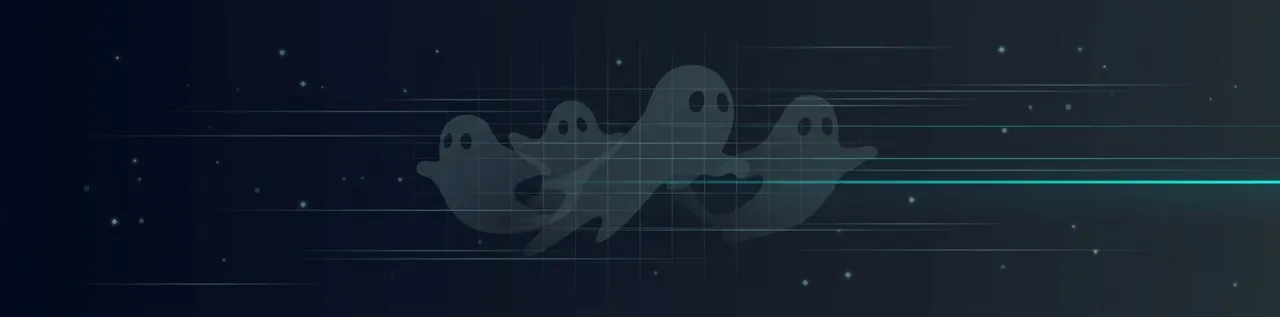 Abstract editorial banner with ghost-like silhouettes drifting across a dark grid, suggesting unmanaged AI agents running on the edges of an enterprise