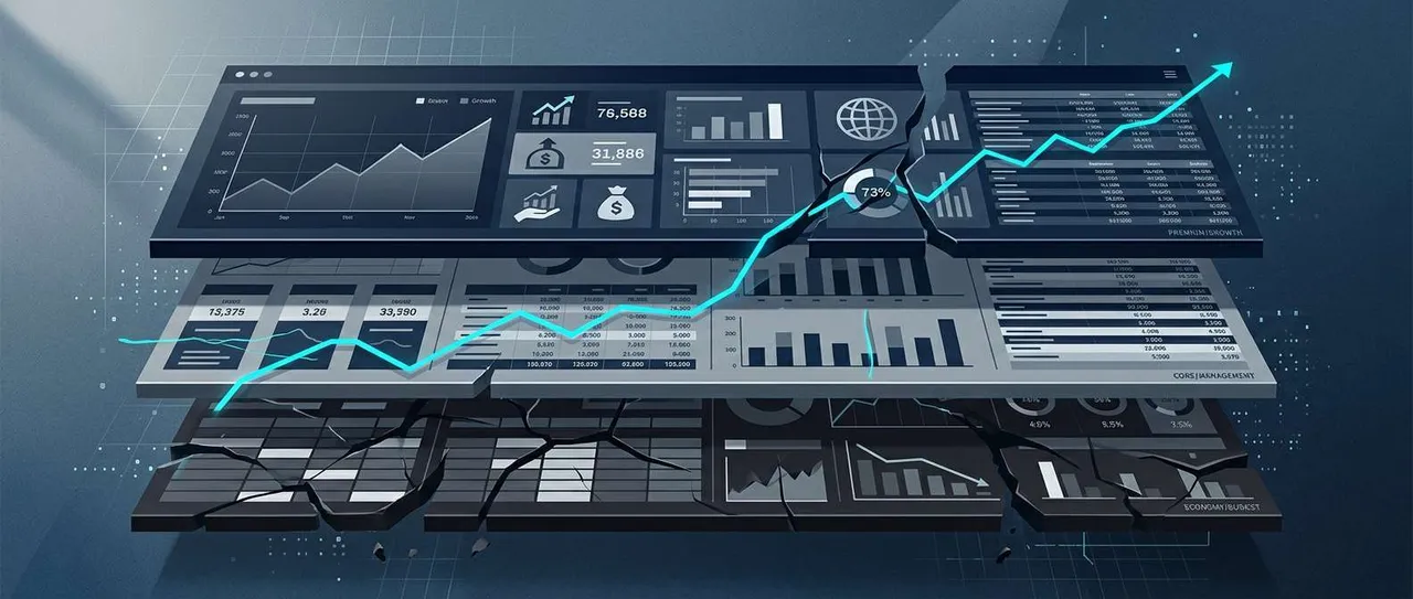 Abstract editorial banner showing fragmented financial dashboard splitting into stacked layers in deep navy and cyan