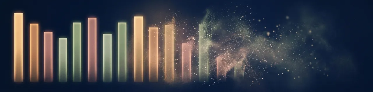 Abstract editorial illustration of glowing data bars dissolving into mist on a deep navy background