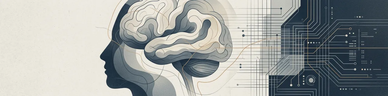 Abstract editorial illustration depicting a human silhouette dissolving into machine-circuit patterns, evoking cognitive surrender to AI