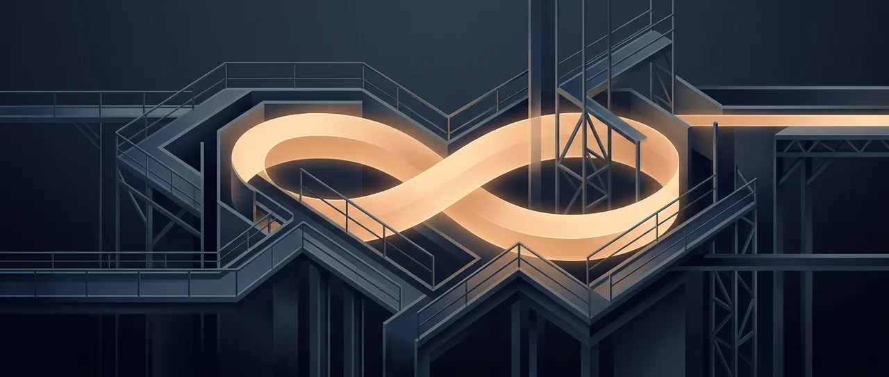 Abstract editorial illustration of geometric guardrails channelling a glowing flow of light