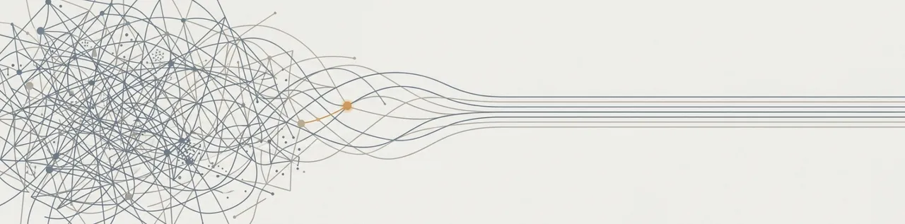 Abstract illustration of tangled connecting lines untangling into clean parallel lines flowing into open space
