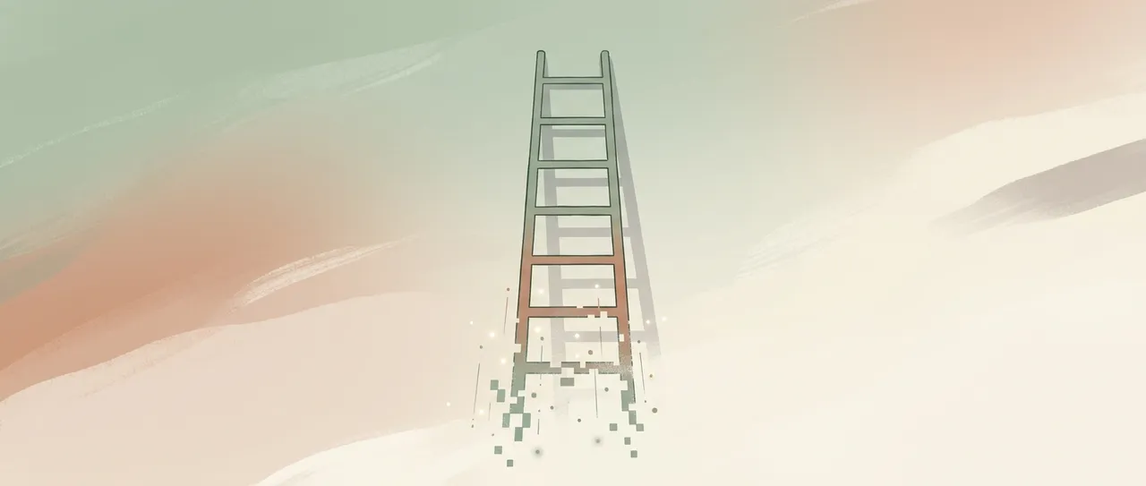Abstract editorial illustration of a tall ladder with the bottom rung dissolving into digital fragments, illustrating how AI is removing the entry-level rung of the career ladder.