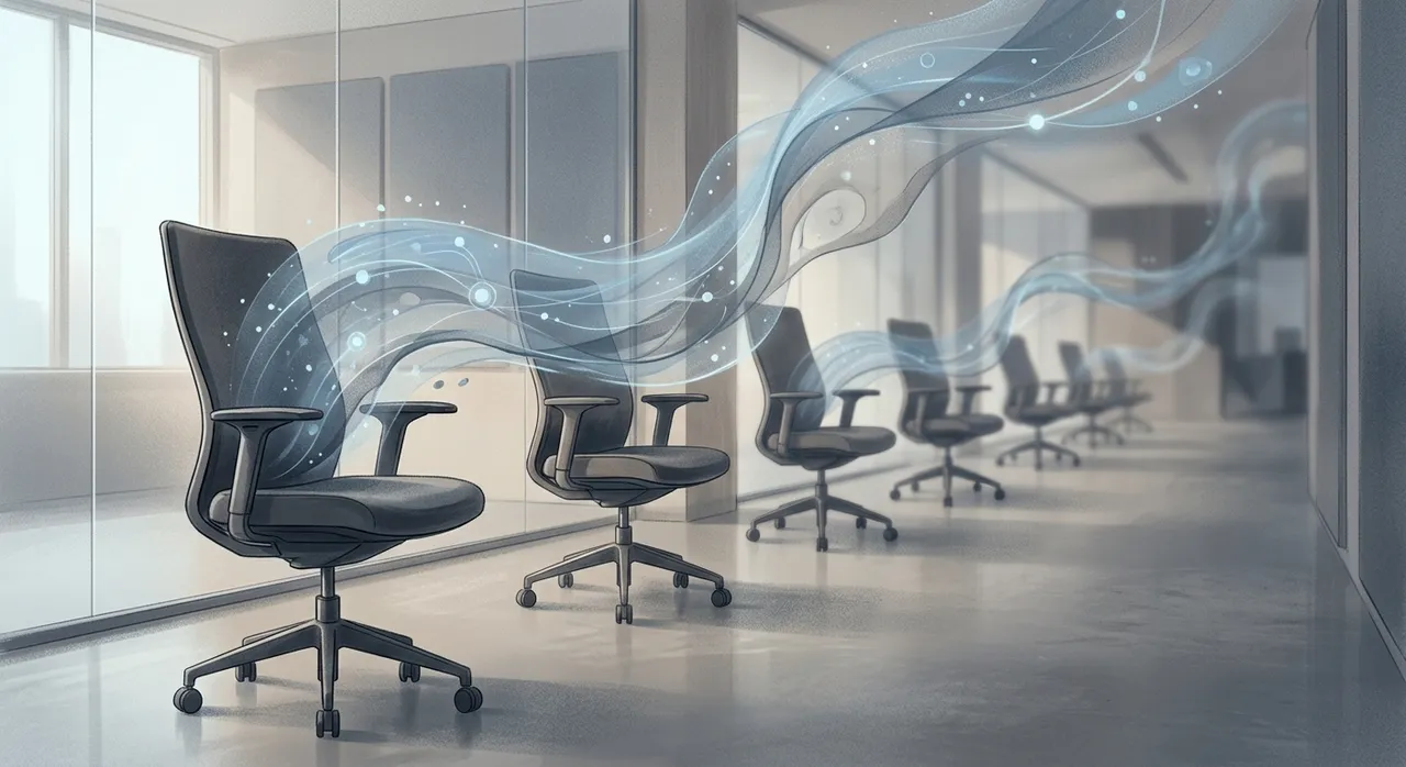 Abstract editorial illustration of empty office chairs receding into soft focus with flowing data ribbons where people once sat