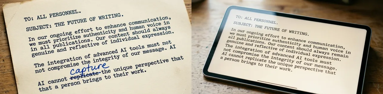 A typewritten letter with a handwritten ink correction overlaid on a clean digital screen showing the same text without the correction, illustrating the contrast between human-imperfect and AI-polished writing.