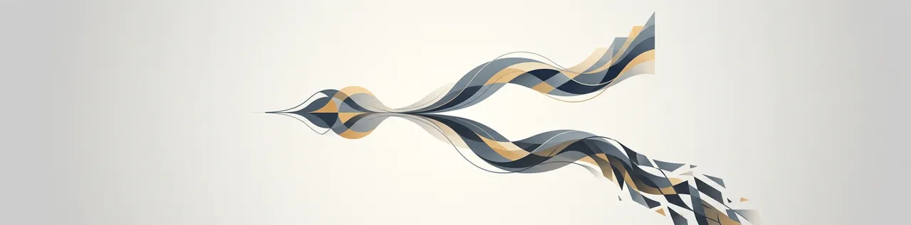 Abstract editorial illustration of two diverging trajectories in muted slate blue and amber tones, representing the judgement gap
