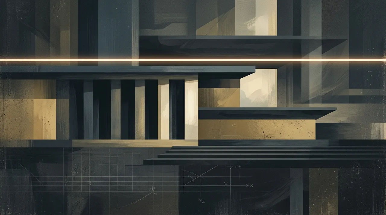 Abstract editorial illustration suggesting institutional power and policy architecture in slate blue and muted gold