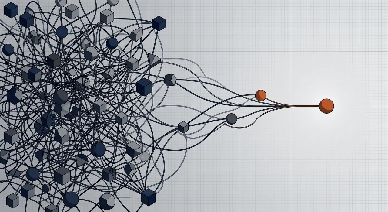 Abstract illustration of tangled multi-agent system on left collapsing into a single glowing node on the right