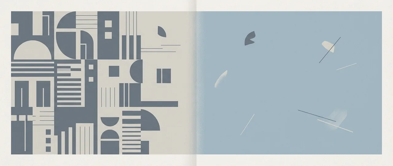 Abstract editorial illustration: a dense field of ordered geometric shapes on the left meeting an open, sparse blue field on the right.