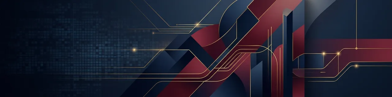 Abstract editorial banner in navy, burgundy and gold representing UK sovereign AI policy