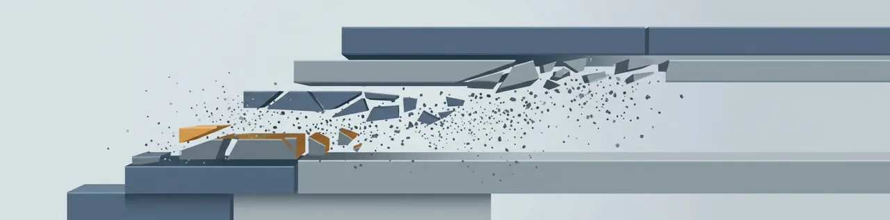 Abstract illustration of a staircase whose middle steps shatter into fragments while the top and bottom remain solid