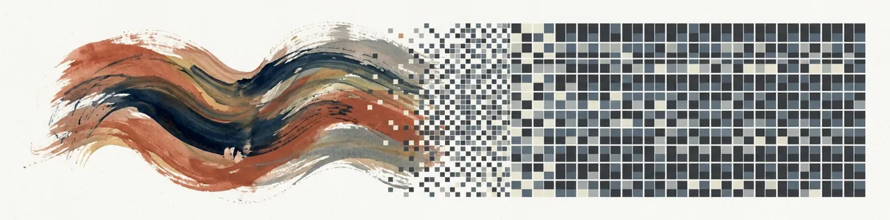 Abstract banner: a hand-painted brushstroke dissolving into a machine-perfect grid of pixels