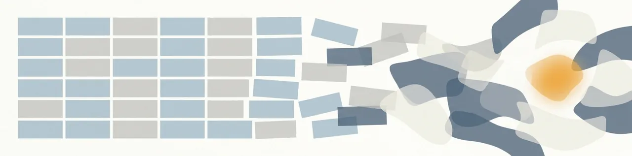 Abstract illustration of an orderly grid dissolving into loose, shifting shapes, suggesting fixed plans giving way to adaptable decision-making