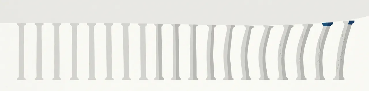 Abstract illustration of a row of columns bowing and cracking under increasing load from left to right