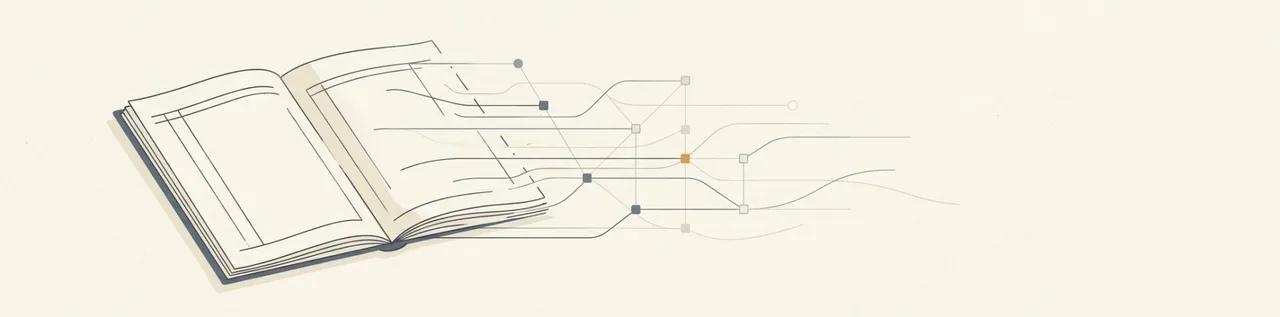 Line illustration of an open ledger whose pages flow into a grid of connected nodes, representing handwritten craft becoming structured workflow