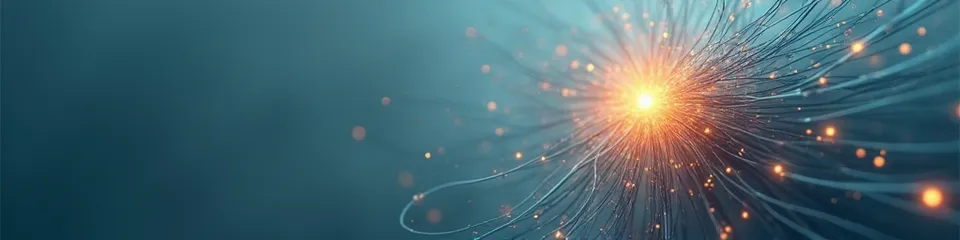 Abstract banner of fine signal lines tangling and converging on a single overloaded glowing node, evoking cognitive overload