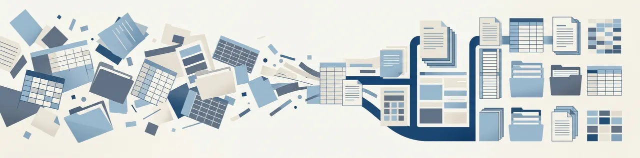 Abstract illustration of scattered documents and folders flowing into neatly organised stacks