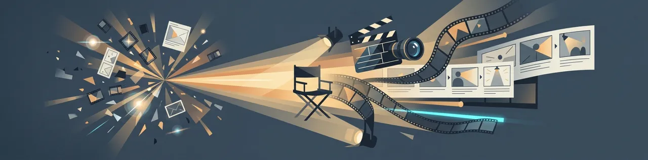 Abstract cinematic illustration of a director's chair, clapperboard, camera and film strips resolving scattered fragments into ordered frames