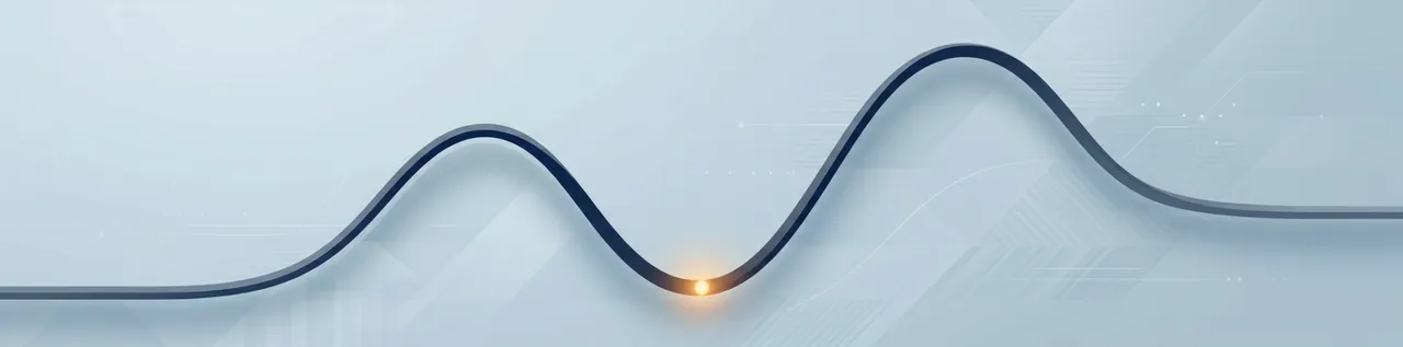 Abstract editorial illustration of a line dipping into a valley with a warm glow at its lowest point