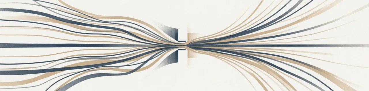 Abstract editorial illustration of organisational flow narrowing through a constriction point and opening out, in muted slate blue and sand tones