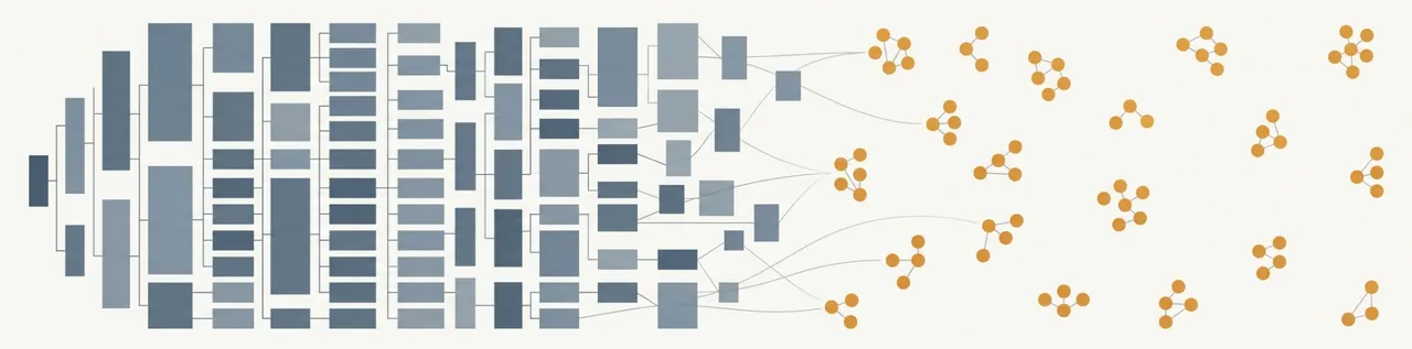 Abstract illustration of a tall org chart dissolving into small autonomous team clusters