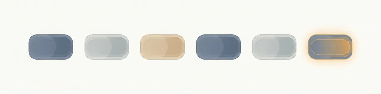 Six near-identical AI tool shapes in a row with one highlighted in amber, an abstract image of feature parity across AI labs