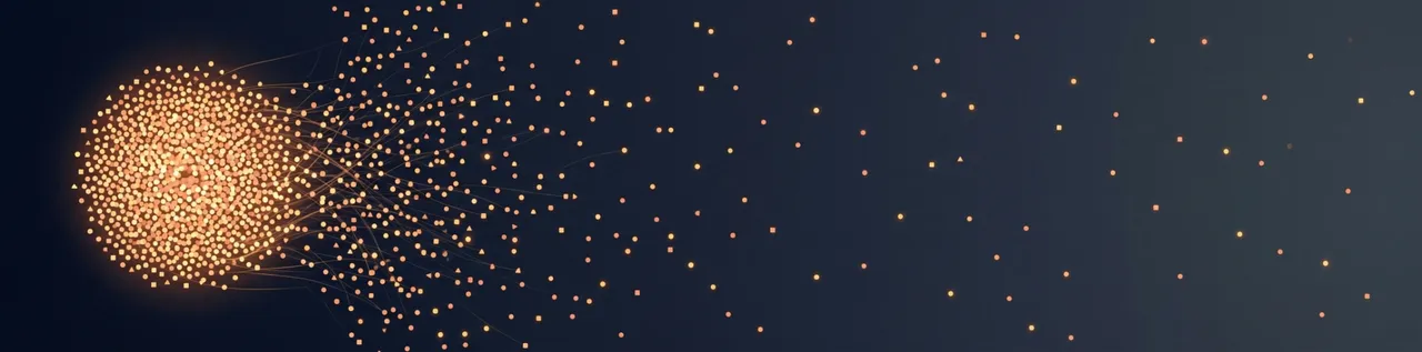 Glowing dots concentrated in a dense cluster on the left scattering and dispersing into a wide field of points on the right