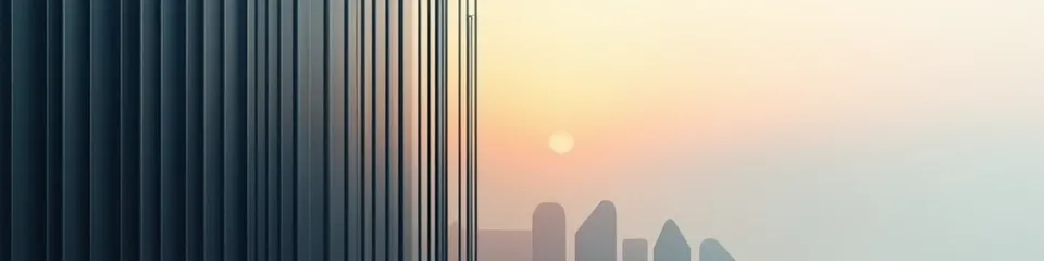 Abstract banner: cage-like bars on the left dissolving into open space and rising shapes on the right, suggesting constraint giving way to growth