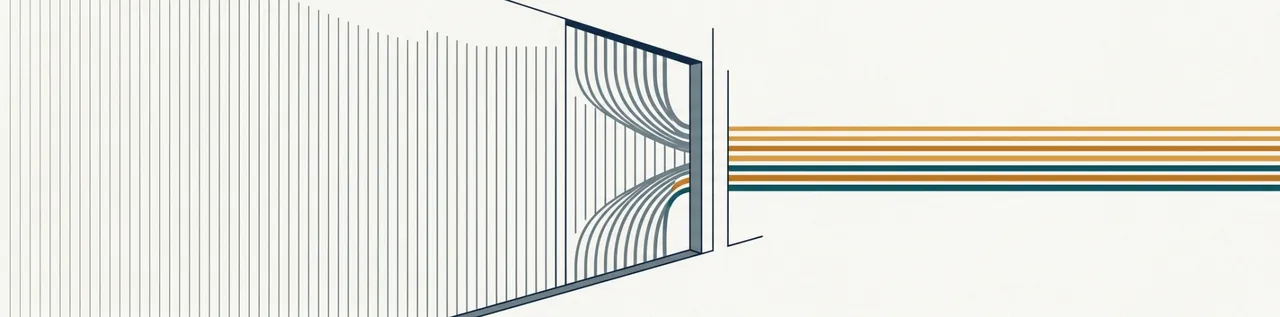 Abstract illustration of many lines converging on a narrow gateway, with a few passing through
