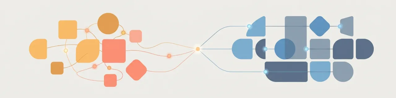 Abstract illustration of connected shapes spreading across a group, representing AI adoption spreading through a team
