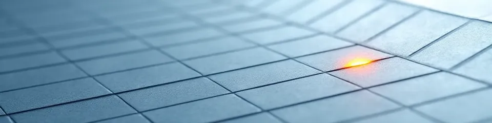 Abstract blue and grey ledger grid with a single warm amber glow marking a hidden gap