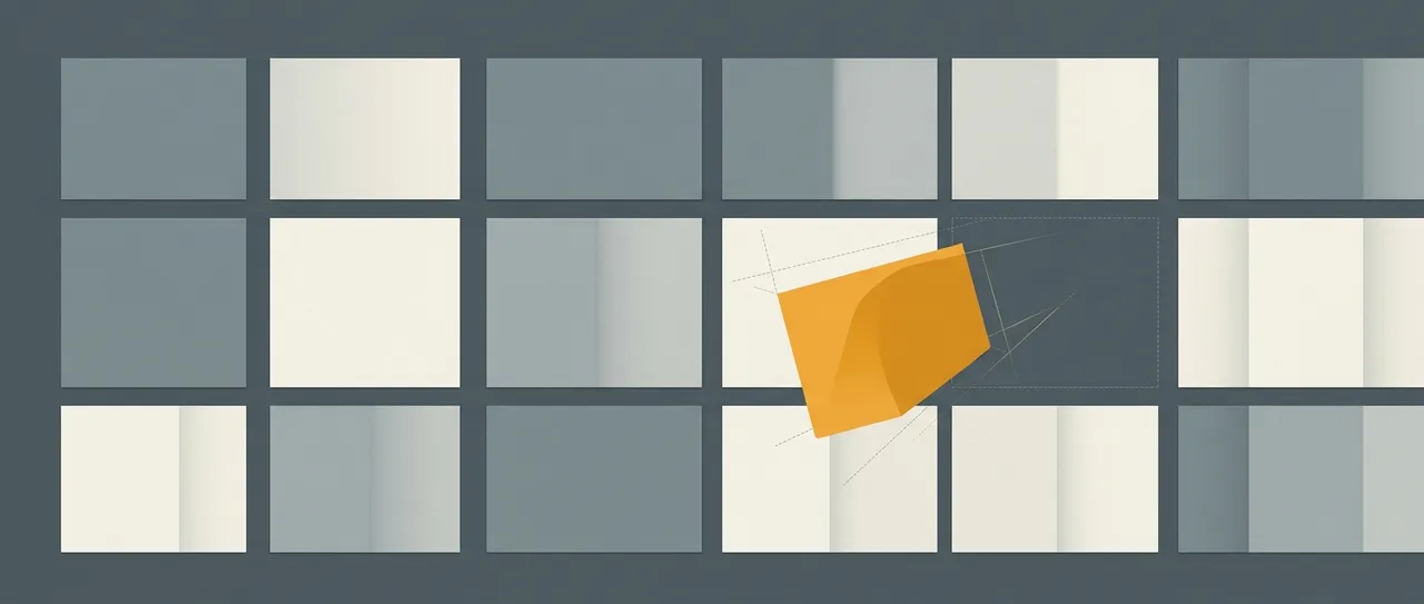 Abstract illustration of a comparison table of identical grey cards with one differently shaped amber card being pulled into line
