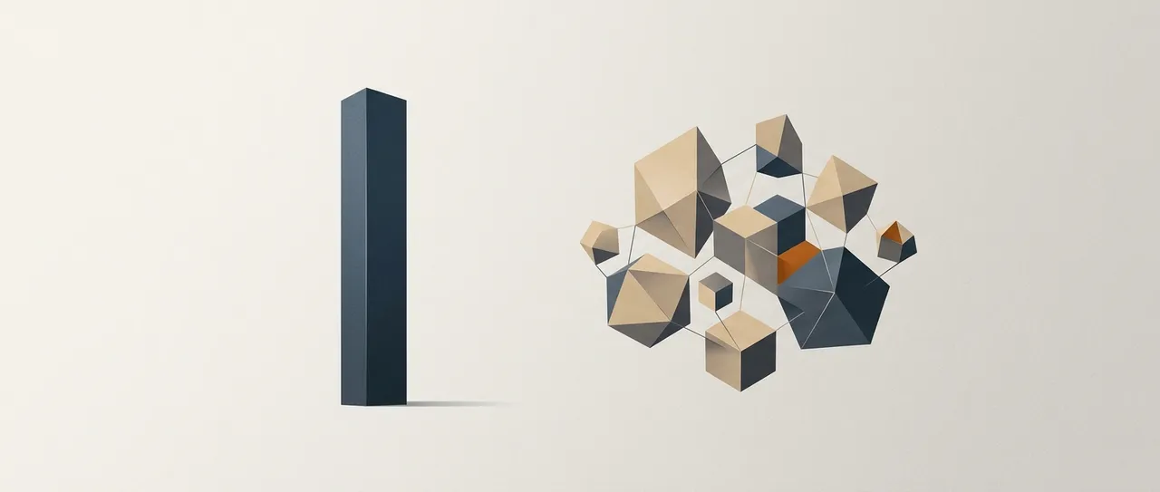 Abstract editorial illustration of a single tall form standing apart from a cluster of connected shapes