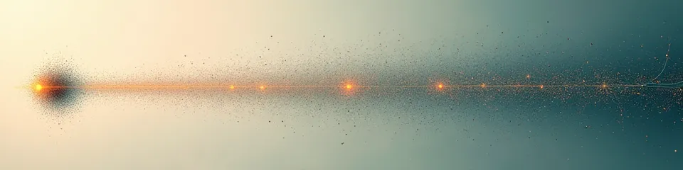 Abstract network illustration of one dense glowing cluster amplifying into a larger faint network