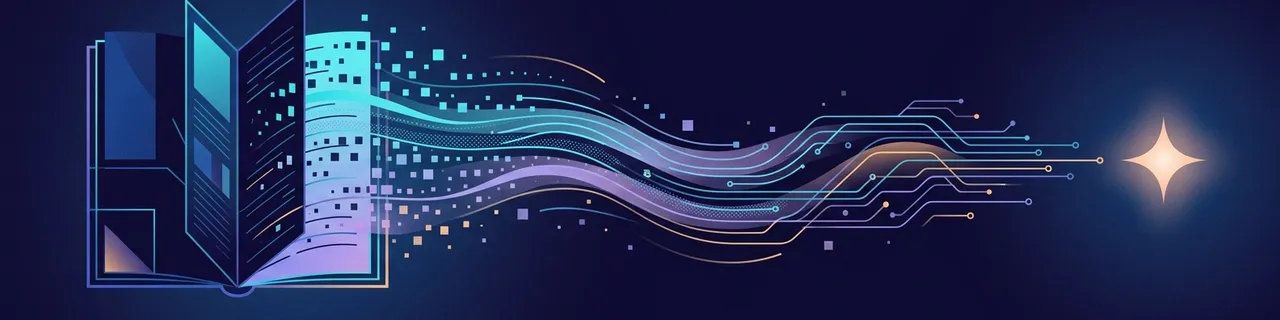 Abstract illustration of an open notebook dissolving into streams of data and circuit lines flowing towards a glowing spark