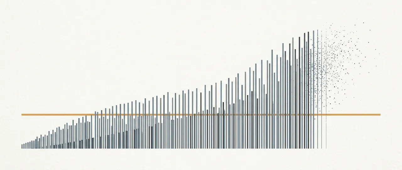 Abstract editorial banner: rising vertical bars dissolving into particles, suggesting a climbing meter