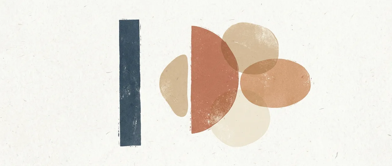 Abstract banner: a solitary vertical form standing apart from a cluster of softer overlapping shapes