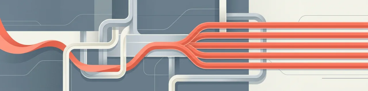 Abstract illustration of a single coral signal distributed cleanly through parallel channels