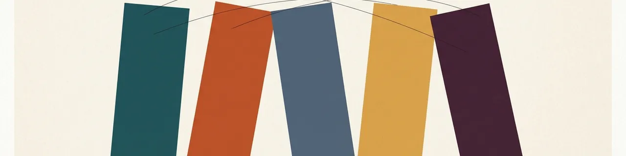 Abstract editorial banner: five tall coloured blocks leaning at different angles with thin ink lines arcing and crossing between them