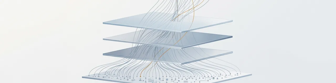 Abstract illustration of three stacked translucent layers connected by flowing lines feeding into many nodes