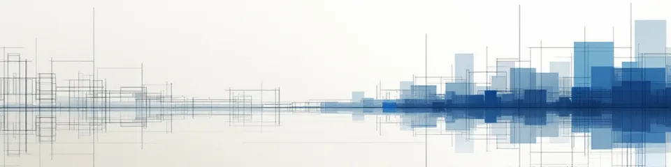 Abstract blueprint lines on the left resolving into solid blue blocks on the right, suggesting a written specification turning into finished work.